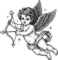 Obraz premium Cupid Cherub with Bow and Arrow Flying, Vintage Engraving Style, Celestial Sparkle Background