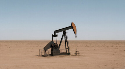 A pumpjack operates in a vast desert area, surrounded by dry land and open space. The equipment is positioned under a clear blue sky during the day, extracting oil from underground