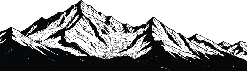 Panoramic Mountain Range Silhouette Against White Background Landscape Drawing