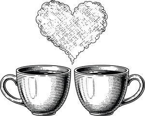 Two Coffee Cups with Heart Shape Steam, Love, Romance, Beverage, Morning Ritual, Vintage Style