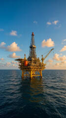 Workers operate on an oil rig located in the ocean. The sun sets in the background, casting light on the structure and the water. Clouds fill the sky as the day ends