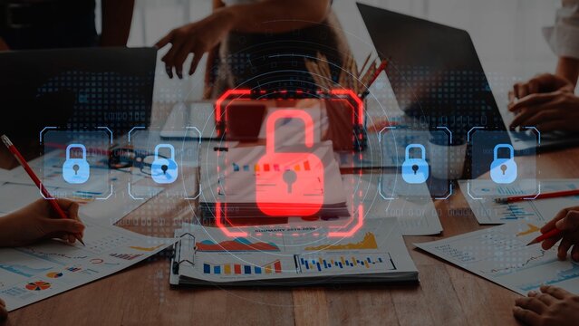A dynamic business meeting scene featuring hands engaged in discussion around data analysis reports, highlighted by a digital lock icon symbolizing security and protection. Raster - Powered by Adobe