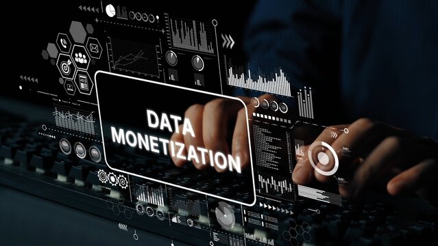Hands of a data analyst working on data monetization with interactive graphics and charts in a digital environment. Asymptotic smart data analytic.