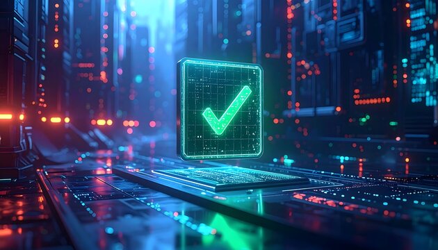 A glowing green checkmark hovers above a circuit board, with a futuristic city background and neon light effects - Powered by Adobe