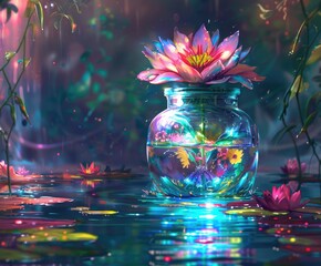 A vibrant, colorful digital painting of a lotus flower in a glass jar, floating on a pond