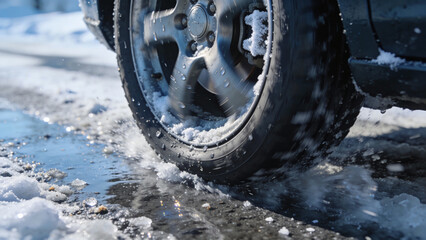 A car drives on a road covered with snow and ice. Water splashes are seen from the tires as the vehicle moves. The scene takes place during winter in a city setting