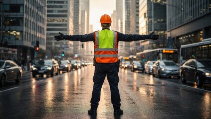 Traffic controller in high-visibility vest directing cars on a wet city street at sunset