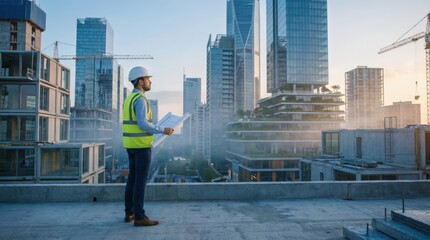Construction engineer with blueprints surveys a modern city skyline with skyscrapers and cranes