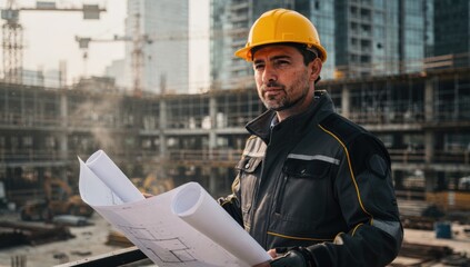 Construction manager in yellow hard hat reviews blueprints at a busy building site