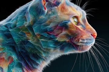 An artistic portrait of a cat in profile, executed in a vibrant abstract and geometric style.  