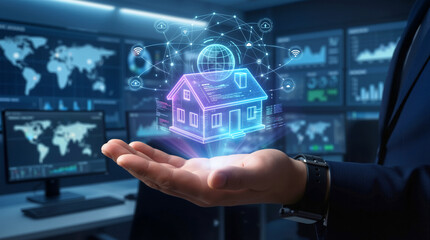 A hand holds a 3D model of a house with digital data. The background shows screens with maps and graphs. The scene takes place in a modern office during regular working hours