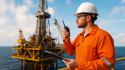 Worker in orange jumpsuit uses a radio to communicate on an oil platform. Machinery and ocean are visible in the background. Clear skies and equipment are present
