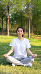 Fototapeta premium A woman sits cross-legged on the grass in a park. She is focused and meditating with trees and greenery around her. The sun shines down, creating a bright atmosphere
