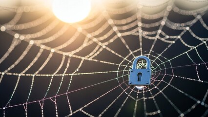 Digital security padlock on a dew-kissed spiderweb, symbolizing online password protection at dawn.