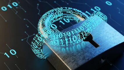 Cybersecurity lock with glowing binary code shackle securing sensitive password data online.