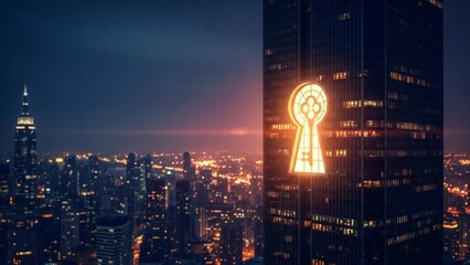Urban night view: skyscraper's glowing keyhole, a symbol for a secure digital password, offers swift access.