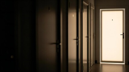 Whisked away: Bright light emanating from an open door at the end of a dark hotel corridor