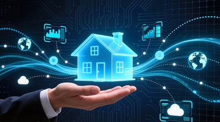 A hand supports a glowing house symbol. Surrounding it are graphics showing data, charts, and globe images. This represents technology in real estate and data analysis