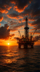 Obraz premium An oil rig is positioned in the ocean during sunset. The sky is filled with clouds and vivid colors as the sun sets on the horizon. The scene captures the natural beauty during a working moment