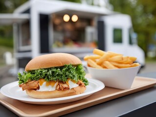 Delicious Chicken Burger with Fresh Lettuce and Crispy Fries in Outdoor Food Truck Setting
