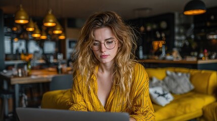 Cheerful Woman Using Laptop at Home in Stylish Living Space with Modern Decor and Warm Lighting