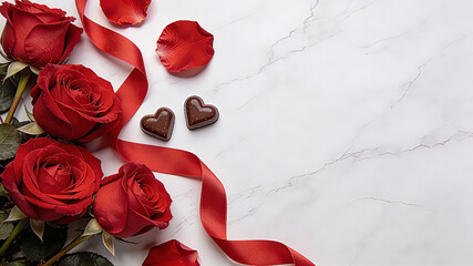 A flat-lay Valentine's Day background image featuring an elegant romantic composition, placed on the left side are lush velvety red roses. Valentine's Day, Happy Valentine's Day, Valentine's Day Gifts