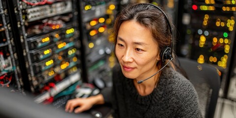 Focused Asian Female IT Analyst Working in a Professional Environment Surrounded by Technology