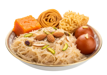 vermicelli dessert plate with gulab jamun and orange burfi, festive indian sweets