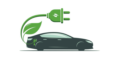 Electric car with plug icon symbol, EV car, Green hybrid vehicles charging point logotype, Eco friendly vehicle concept, Vector illustration
