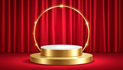 A gold and white circular stage is front and center. It is decorated with an encompassing, lighted gold halo. The background is a red curtain
