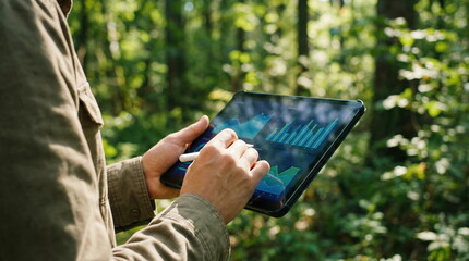 Person analyzing environmental data on a digital tablet with charts in a lush green forest, blending technology with nature for research.