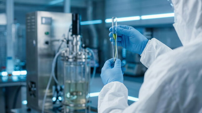 A scientist in a cleanroom suit carefully examines a test tube sample near a bioreactor in a modern biotechnology laboratory, conducting vital research.
