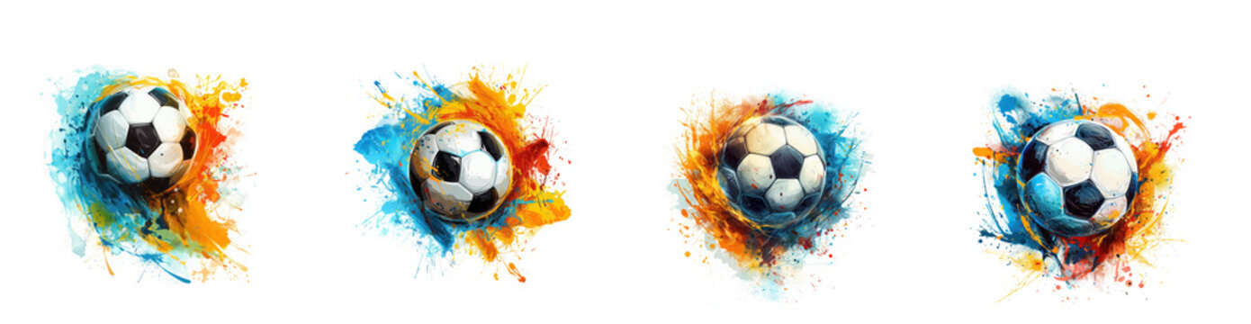 Four vibrant soccer balls exploding with colorful paint splashes and dynamic energy on transparent background