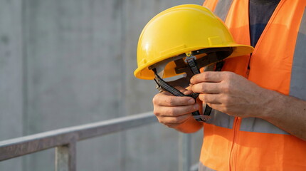 Worker holding a yellow hard hat while wearing an orange safety vest on a construction site, emphasizing workplace safety and protection.