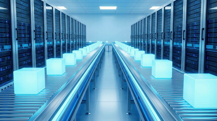Futuristic server room with data flowing on a conveyor belt, symbolizing cloud computing, AI, and digital infrastructure.