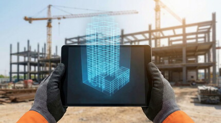 Gloved hands hold a tablet displaying a holographic 3D building model on a construction site, merging augmented reality with modern engineering.
