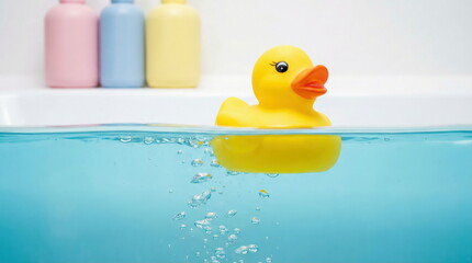 A cheerful yellow rubber duck floats playfully in bright blue water with bubbles, alongside pastel baby bottles in a clean bathroom setting.