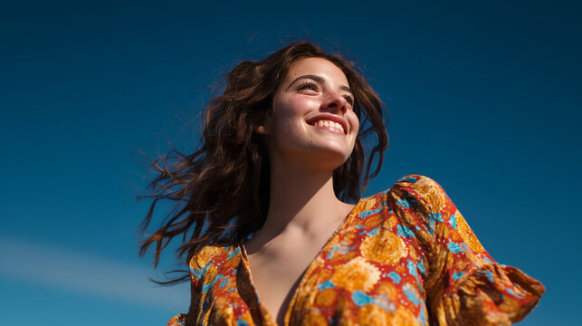 Joyful young woman photographed from a low angle, brown hair moving slightly in the wind, bright blue sky, optimistic lifestyle mood.