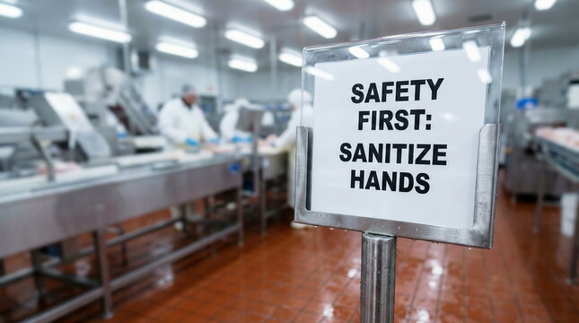A 'SAFETY FIRST: SANITIZE HANDS' sign in a food processing plant, emphasizing hygiene protocols and worker safety on the production line.