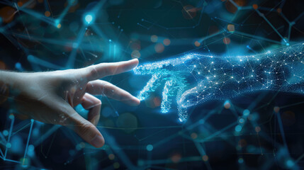 futuristic technology concept, human and artificial intelligence collaboration, transparent holographic interface floating between human hand and digital AI core.	