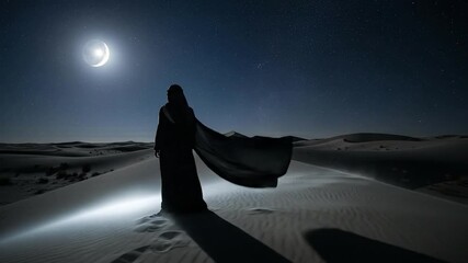 Mysterious Woman in Black Cloak Stands in Desert Under Crescent Moonlight