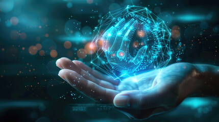 futuristic technology concept, human and artificial intelligence collaboration, transparent holographic interface floating between human hand and digital AI core.	