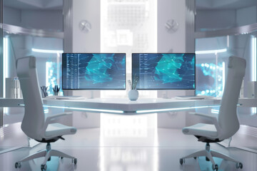 futuristic workspace, transparent holographic screens, advanced AI technology environment, modern minimal design.	