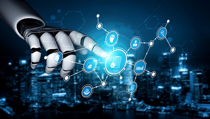 Obraz premium A robotic hand engages with a digital interface displaying technology icons, symbolizing the convergence of innovation and urban development in a modern cityscape. Tessel