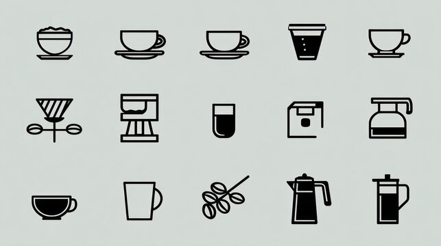 Simple black line icons representing various coffee-making and serving elements