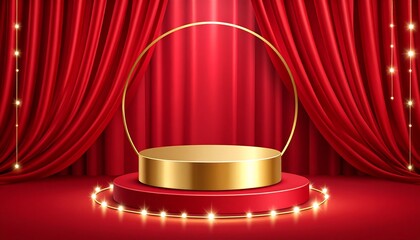 A gold pedestal on a red stage with red curtains and string lights for an award ceremony or product display