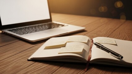 laptop on table with notebook and pen beside it