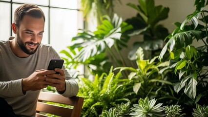 person interacting with a smartphone while surrounded by natural light and plants