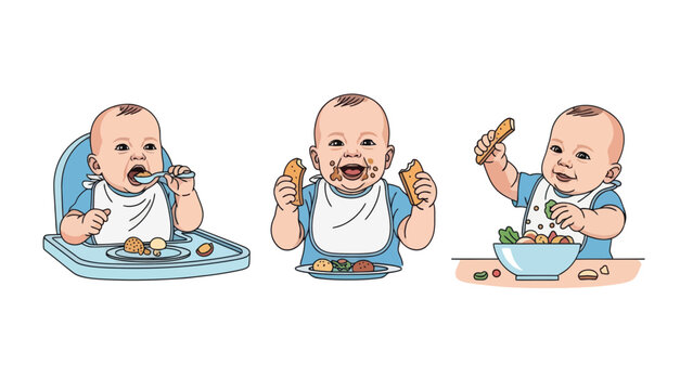 Baby eating solid food, self-feeding concept