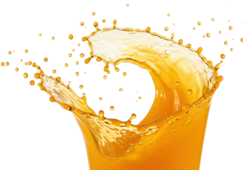 High-velocity luminous orange juice wave, frozen in a sculptural splash of micro-droplets & air bubbles, against transparent with copy space. Concept for beverage advertising